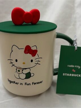 Starbucks Cream Ceramic Mug with Green Lid and Red Accent